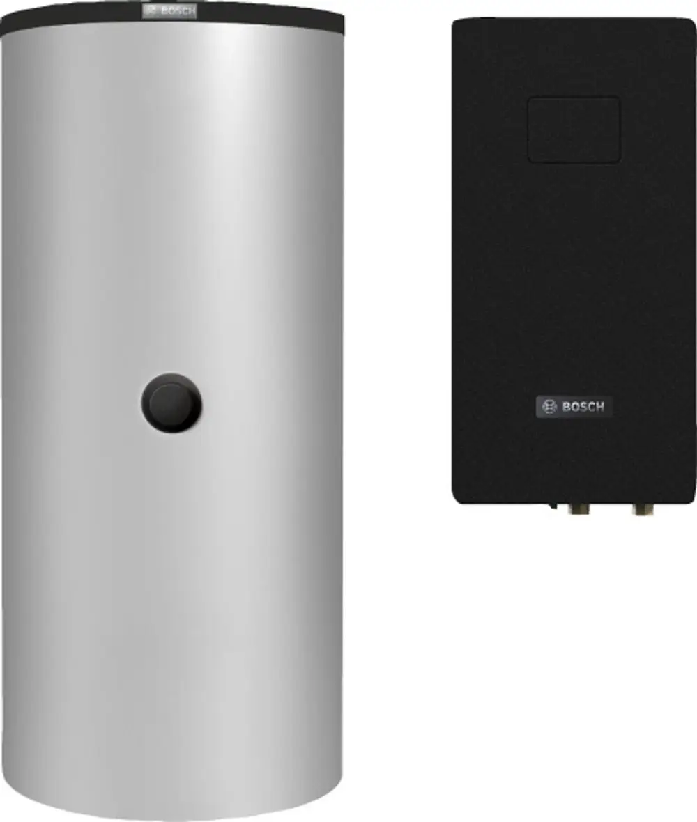 Bosch Warmwasserspeicher in Silber, zylindrische Form mit schwarzem Bedienfeld. Geräte zur Wassererwärmung in einem kompakten Design nebeneinander angeordnet.
